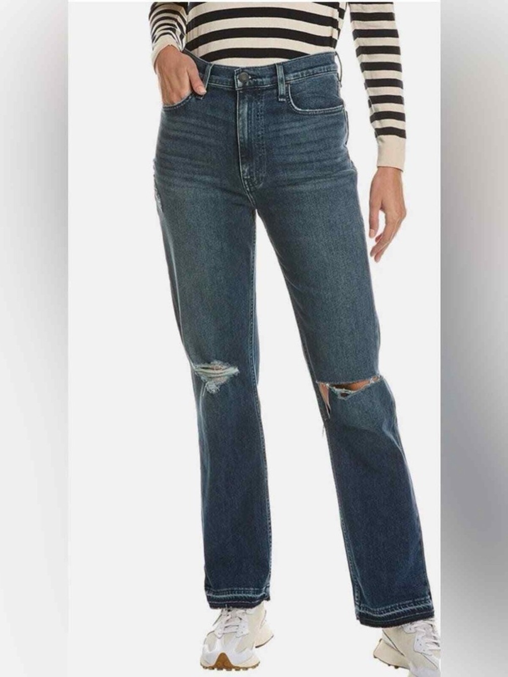High-Rise Distressed Straight-Leg Jeans - Dark Blue